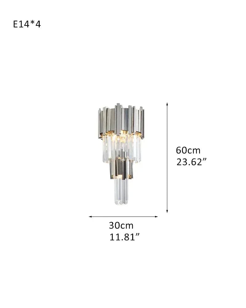 LightsStory Series Prismatic Wall Light | 4-Tier Crystal Rods Brushed brass aluminum base and chrome frame with crystal rods, Chrome and Brushed Brass for Stairwells, entryways, and bedside D30*H55CM D11.81"*H21.65" Silver Flush Mounted Wall Sconce Lamp