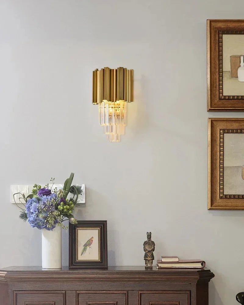 LightsStory Series Prismatic Wall Light | 4-Tier Crystal Rods Brushed brass aluminum base and chrome frame with crystal rods, Chrome and Brushed Brass for Stairwells, entryways, and bedside Flush Mounted Wall Sconce Lamp