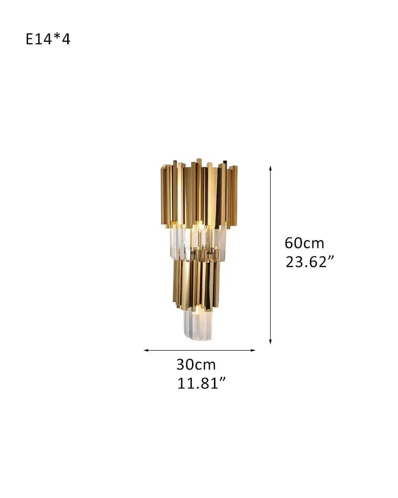LightsStory Series Prismatic Wall Sconce | 4-Tier Crystal Rods Brushed brass aluminum base and chrome frame with crystal rods, Brushed Gold and Chrome finish for Bedside, entryways, and stairwells D30*H60CM D11.81“*H23.62" Gold Flush Mounted Wall Sconce Lamp