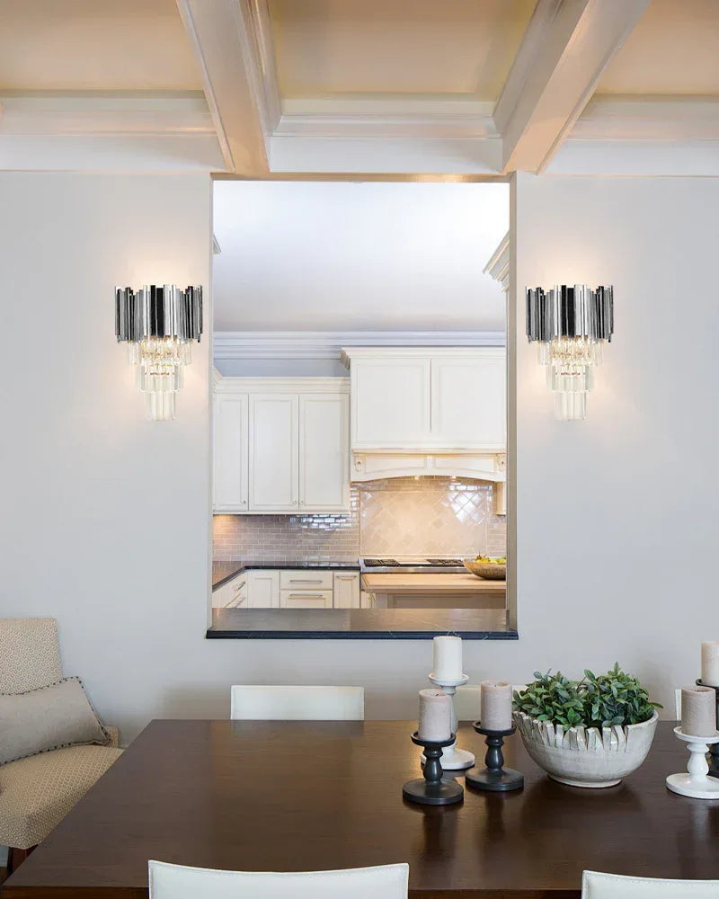 LightsStory Series Prismatic Wall Sconce | 4-Tier Crystal Rods Brushed brass aluminum base and chrome frame with crystal rods, Brushed Gold and Chrome finish for Bedside, entryways, and stairwells Flush Mounted Wall Sconce Lamp