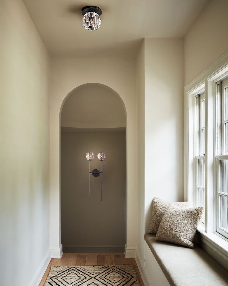 LightsStory Series Refractive Ceiling Light | Round Crystal Orbs Hand-ground faceted crystal orbs, Black and Brass finish for Bathroom Vanities and Modern Interiors Modern Ceiling lamp