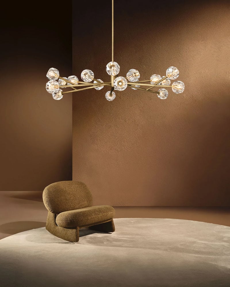 LightsStory Series Refractive Pendant Light | Cluster Round Hand-ground faceted crystal orbs, Black and Brass finish for Living rooms and dining areas American chandelier