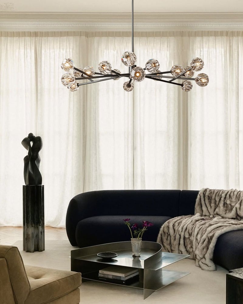 LightsStory Series Refractive Pendant Light | Cluster Round Hand-ground faceted crystal orbs, Black and Brass finish for Living rooms and dining areas American chandelier