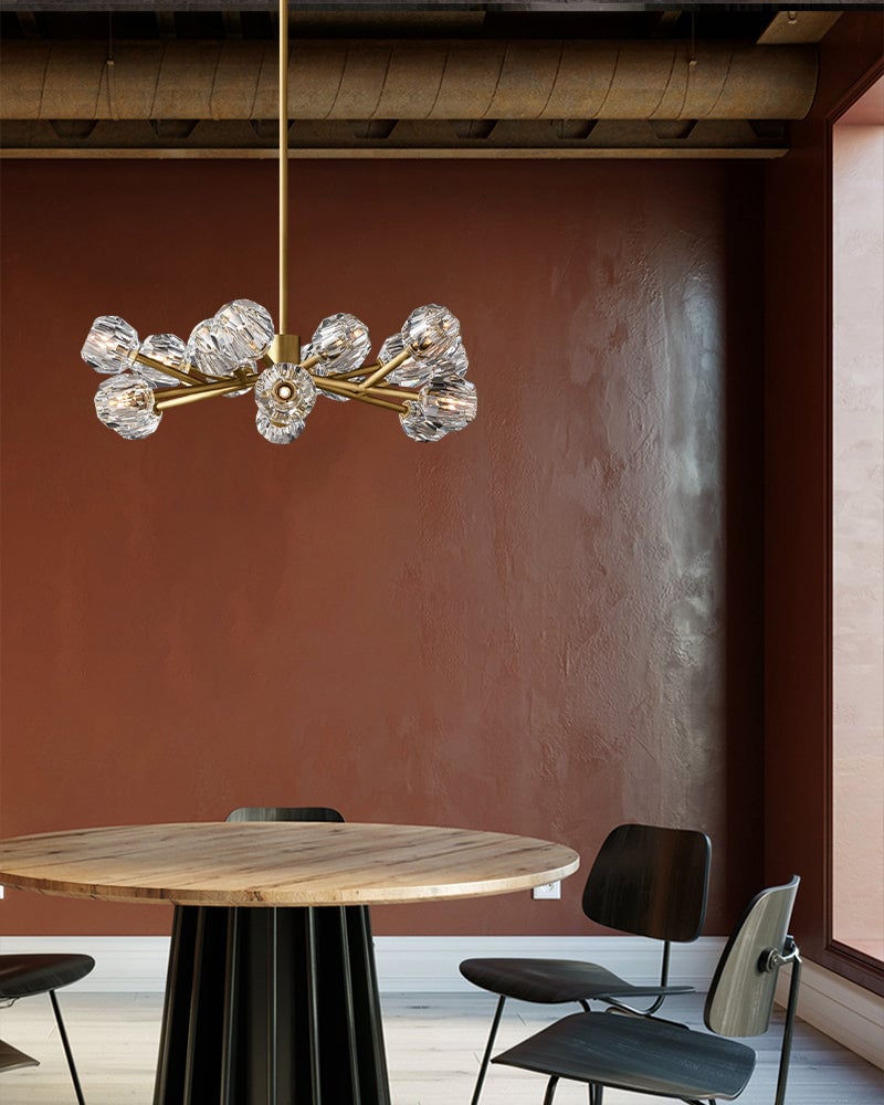 LightsStory Series Refractive Pendant Light | Cluster Round Hand-ground faceted crystal orbs, Black and Brass finish for Living rooms and dining areas American chandelier