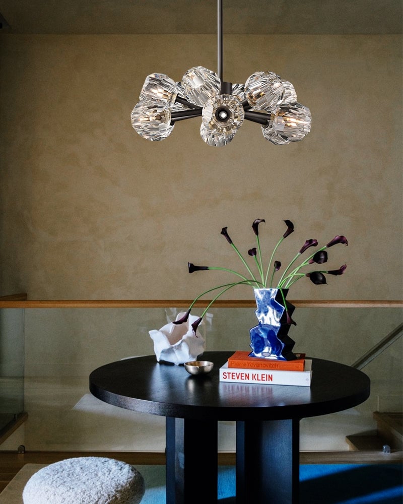 LightsStory Series Refractive Pendant Light | Cluster Round Hand-ground faceted crystal orbs, Black and Brass finish for Living rooms and dining areas American chandelier