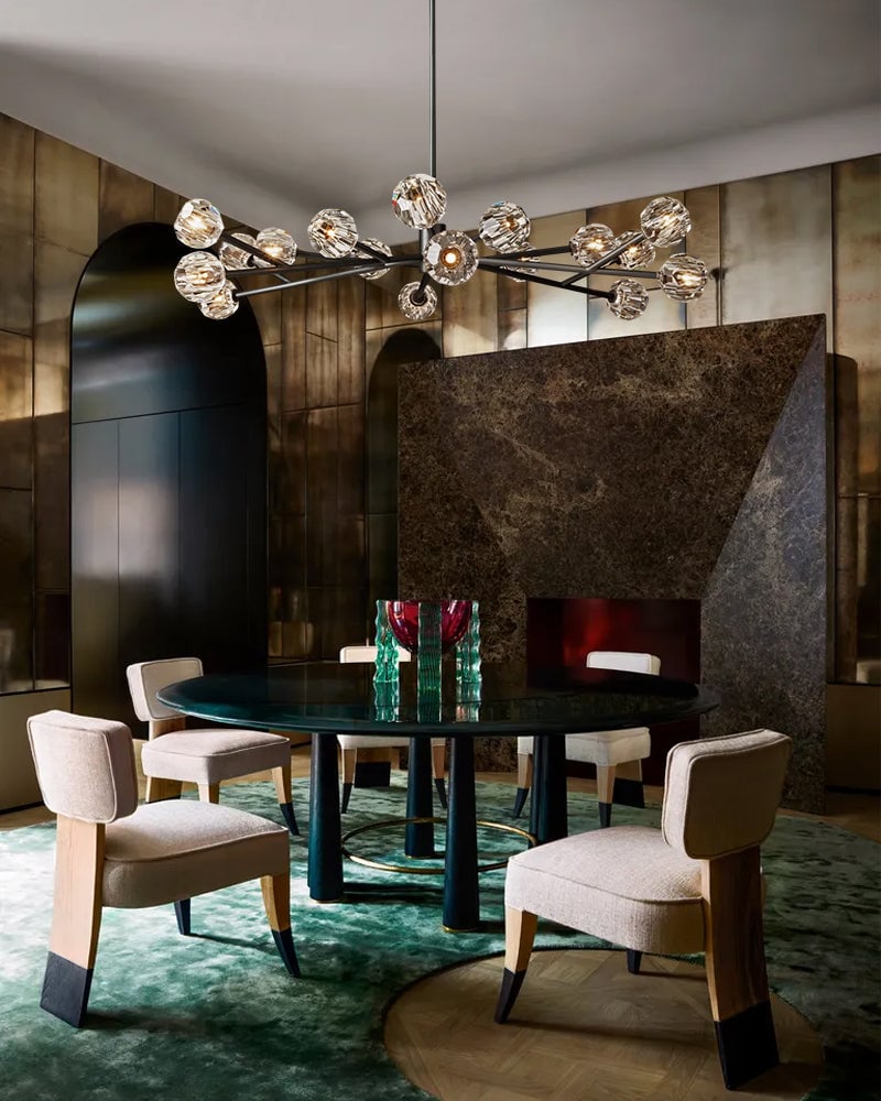 LightsStory Series Refractive Pendant Light | Cluster Round Hand-ground faceted crystal orbs, Black and Brass finish for Living rooms and dining areas American chandelier
