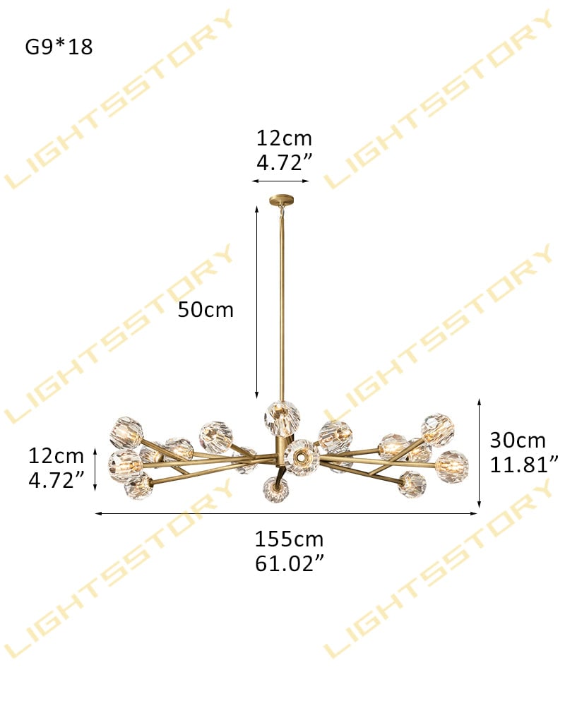 LightsStory Series Refractive Pendant Light | Cluster Round Hand-ground faceted crystal orbs, Black and Brass finish for Living rooms and dining areas 18 light-D155*H30CM D61"*H12" Brass+Clear Crystal American chandelier