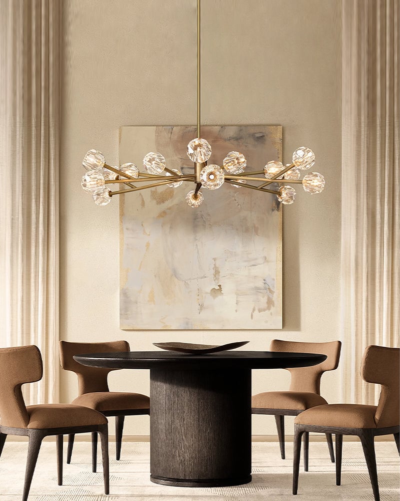 LightsStory Series Refractive Pendant Light | Cluster Round Hand-ground faceted crystal orbs, Black and Brass finish for Living rooms and dining areas American chandelier