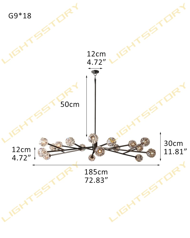 LightsStory Series Refractive Pendant Light | Cluster Round Hand-ground faceted crystal orbs, Black and Brass finish for Living rooms and dining areas 18 light-D185*H30CM D73"*H12" Black+Clear Crystal American chandelier