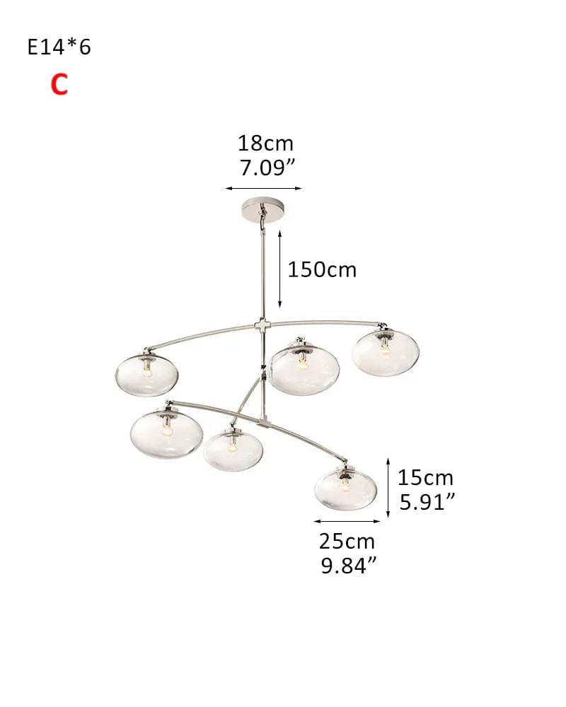 LightsStory Series Sinuous Pendant Light | Oval Handblown Glass Handblown clear glass with brass, black, and silver metal frame, Mixed Brass, Black, and Silver finish for Kitchen Islands and Dining Areas 6-light-D25*H15CM D9.84“*H5.91"-C Silver Modern Pendant lamp