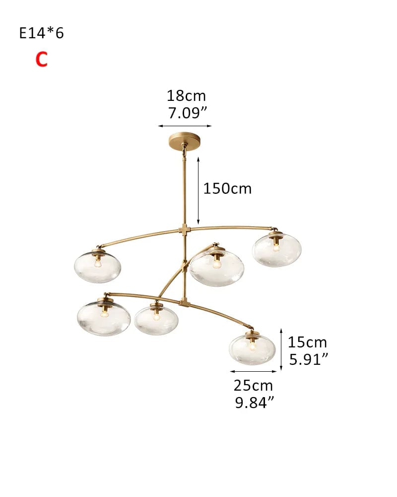LightsStory Series Sinuous Pendant Light | Oval Handblown Glass Handblown clear glass with brass, black, and silver metal frame, Mixed Brass, Black, and Silver finish for Kitchen Islands and Dining Areas 6-light-D25*H15CM D9.84“*H5.91"-C Brass Modern Pendant lamp