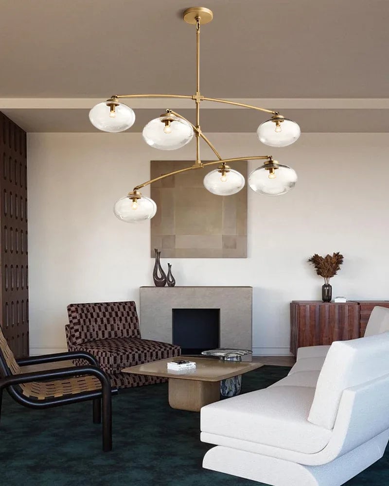 LightsStory Series Sinuous Pendant Light | Oval Handblown Glass Handblown clear glass with brass, black, and silver metal frame, Mixed Brass, Black, and Silver finish for Kitchen Islands and Dining Areas Modern Pendant lamp