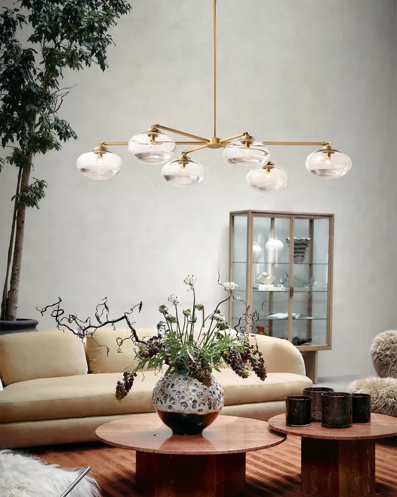 LightsStory Series Sinuous Pendant Light | Oval Handblown Glass Handblown clear glass with brass, black, and silver metal frame, Mixed Brass, Black, and Silver finish for Kitchen Islands and Dining Areas Modern Pendant lamp