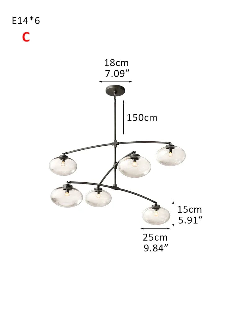 LightsStory Series Sinuous Pendant Light | Oval Handblown Glass Handblown clear glass with brass, black, and silver metal frame, Mixed Brass, Black, and Silver finish for Kitchen Islands and Dining Areas 6-light-D25*H15CM D9.84“*H5.91"-C Black Modern Pendant lamp