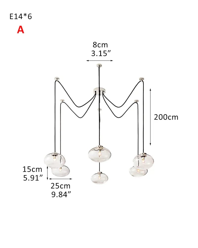LightsStory Series Sinuous Pendant Light | Oval Handblown Glass Handblown clear glass with brass, black, and silver metal frame, Mixed Brass, Black, and Silver finish for Kitchen Islands and Dining Areas 6-light-D25*H15CM D9.84“*H5.91"-A Silver Modern Pendant lamp