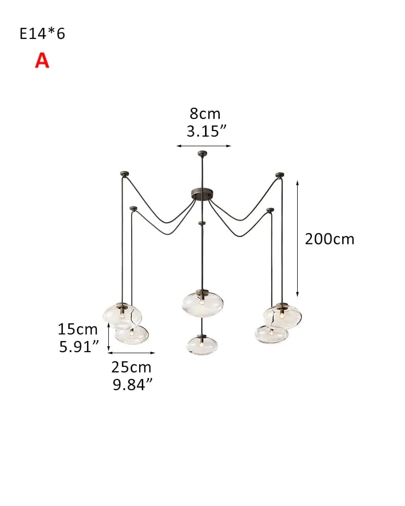 LightsStory Series Sinuous Pendant Light | Oval Handblown Glass Handblown clear glass with brass, black, and silver metal frame, Mixed Brass, Black, and Silver finish for Kitchen Islands and Dining Areas 6-light-D25*H15CM D9.84“*H5.91"-A Black Modern Pendant lamp