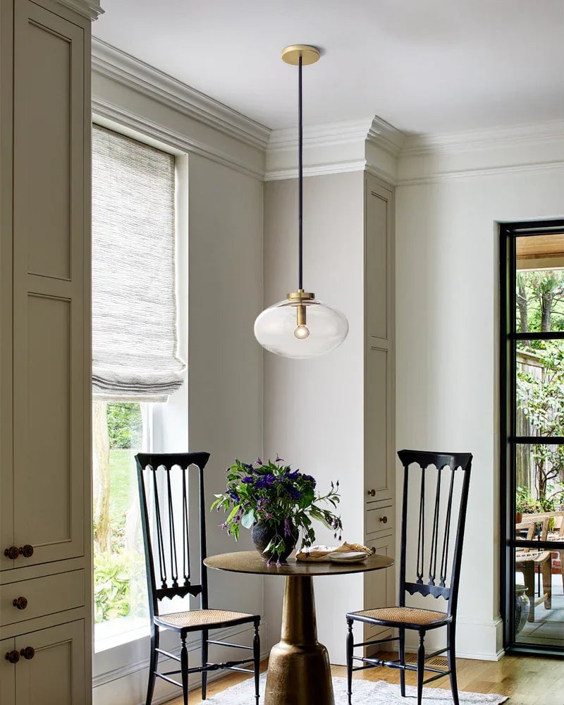 LightsStory Series Sinuous Pendant Light | Oval Handblown Glass Handblown clear glass with brass, black, and silver metal frame, Mixed Brass, Black, and Silver finish for Kitchen Islands and Dining Areas Modern Pendant lamp