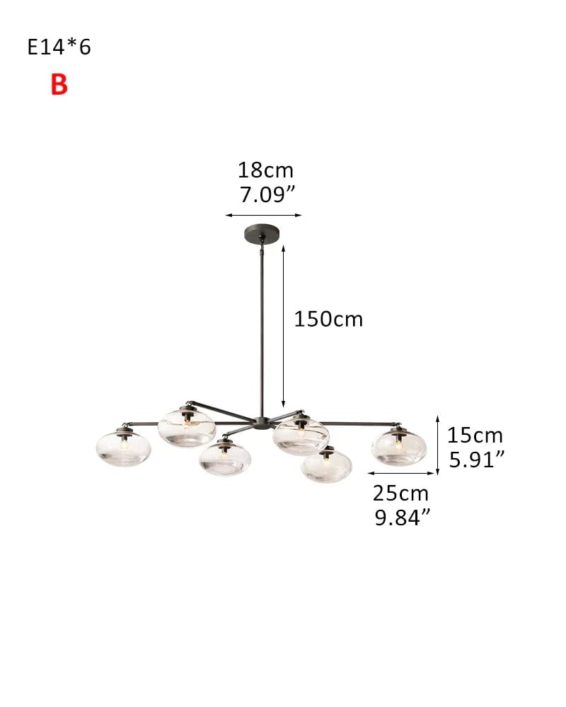LightsStory Series Sinuous Pendant Light | Oval Handblown Glass Handblown clear glass with brass, black, and silver metal frame, Mixed Brass, Black, and Silver finish for Kitchen Islands and Dining Areas 6-light-D25*H15CM D9.84“*H5.91"-B Black Modern Pendant lamp