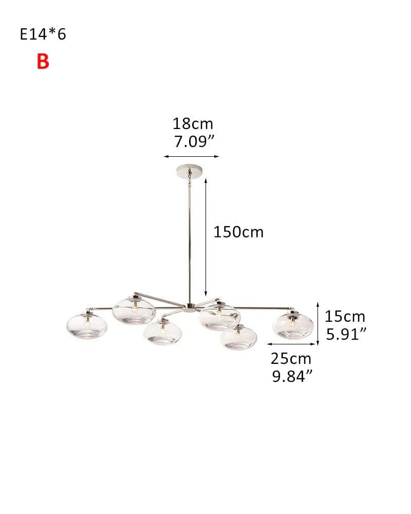 LightsStory Series Sinuous Pendant Light | Oval Handblown Glass Handblown clear glass with brass, black, and silver metal frame, Mixed Brass, Black, and Silver finish for Kitchen Islands and Dining Areas 6-light-D25*H15CM D9.84“*H5.91"-B Silver Modern Pendant lamp