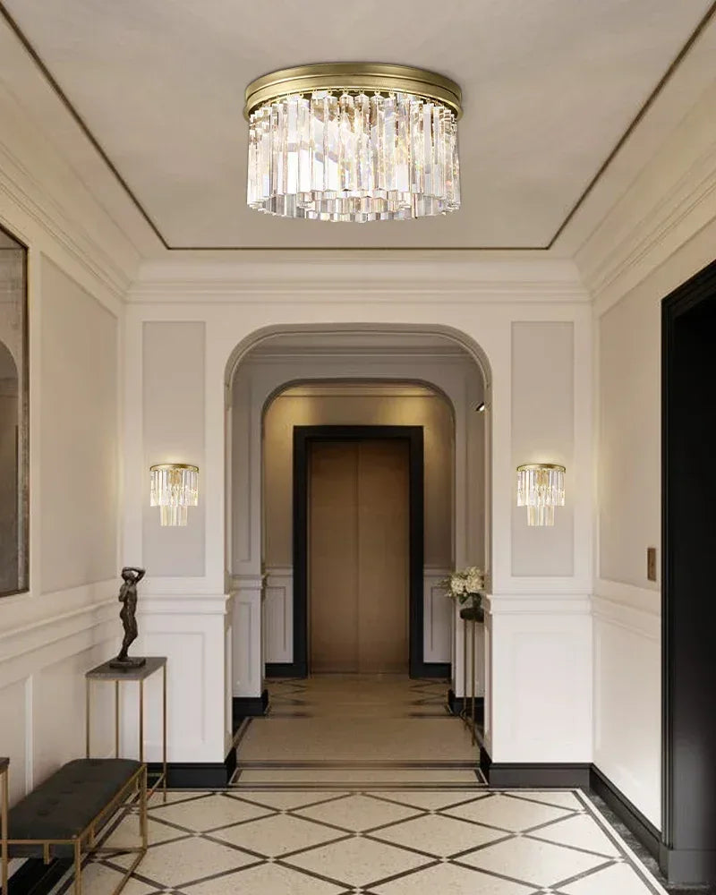 Aurelia Series Prismatic Drum Chandelier | Triple Tier K9 Crystal Pure K9 crystal strips, Premium Gold finish for Grand Foyers and Dining Rooms Flush Mounted Ceiling Lamp