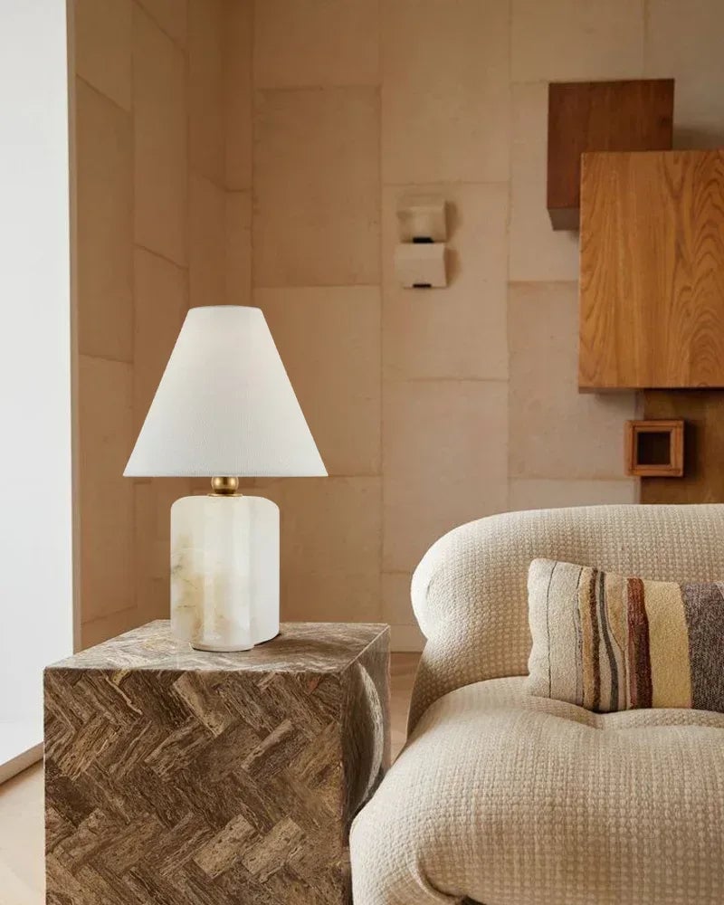 Lota Series Geometric Table Lamp | Drum Silhouette Natural Alabaster and Brass, Polished Brass finish for Living rooms, bedrooms, and home offices Vintage table lamp