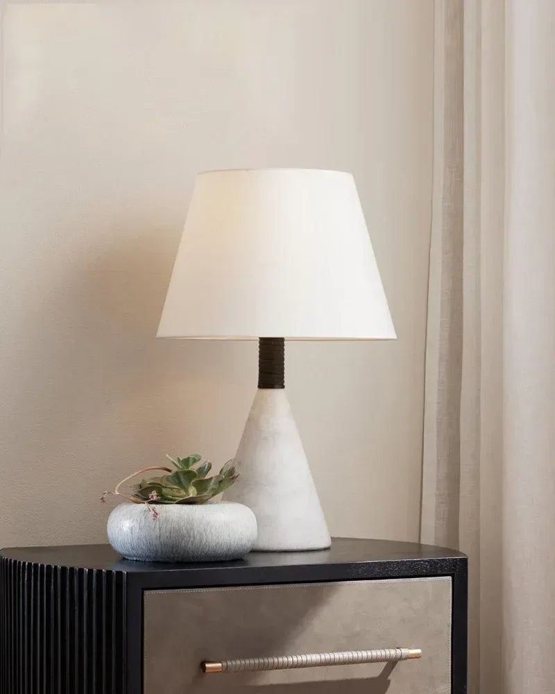 Lota Series Geometric Table Lamp | Drum Silhouette Natural Alabaster and Brass, Polished Brass finish for Living rooms, bedrooms, and home offices Vintage table lamp