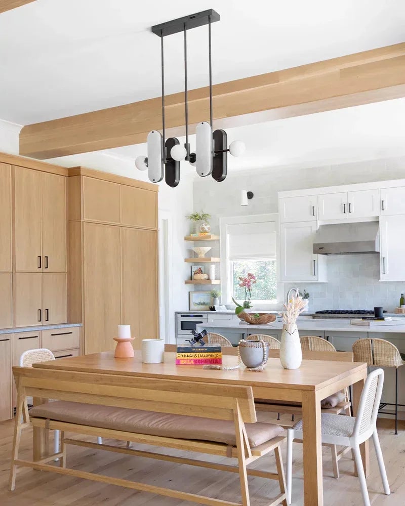 Maradona Series Geometric Pendant Light | Linear English black iron frame and luminous white alabaster shades, English black iron finish for Kitchen Islands and Dining Rooms Modern Pendant lamp