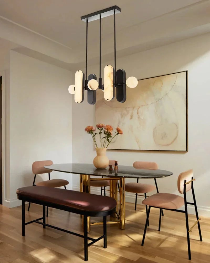 Maradona Series Geometric Pendant Light | Linear English black iron frame and luminous white alabaster shades, English black iron finish for Kitchen Islands and Dining Rooms Modern Pendant lamp