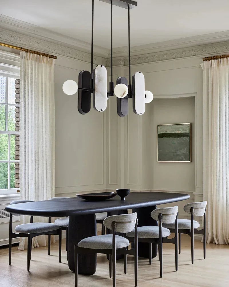 Maradona Series Geometric Pendant Light | Linear English black iron frame and luminous white alabaster shades, English black iron finish for Kitchen Islands and Dining Rooms Modern Pendant lamp