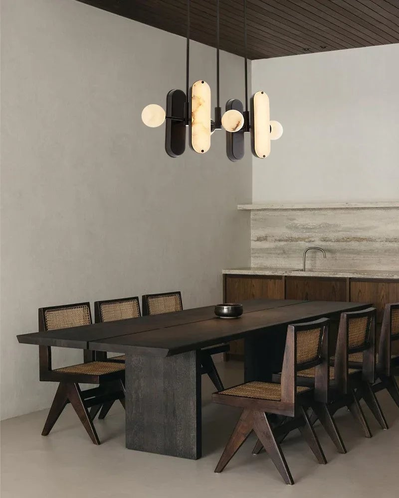Maradona Series Geometric Pendant Light | Linear English black iron frame and luminous white alabaster shades, English black iron finish for Kitchen Islands and Dining Rooms Modern Pendant lamp