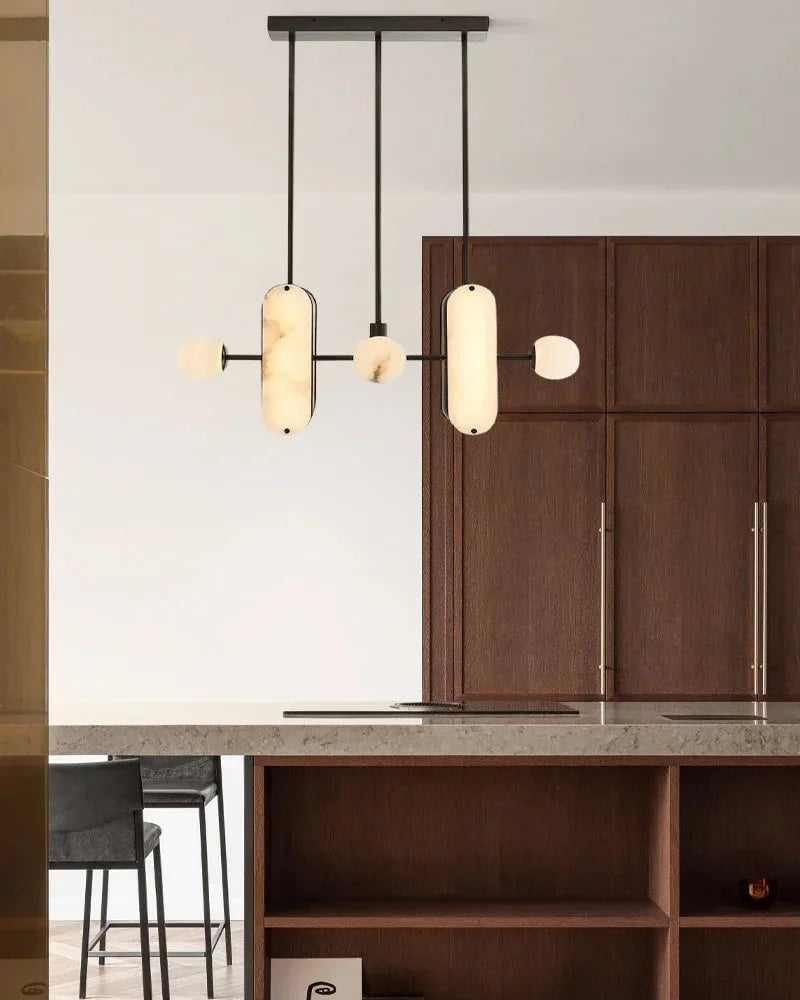 Maradona Series Geometric Pendant Light | Linear English black iron frame and luminous white alabaster shades, English black iron finish for Kitchen Islands and Dining Rooms Modern Pendant lamp