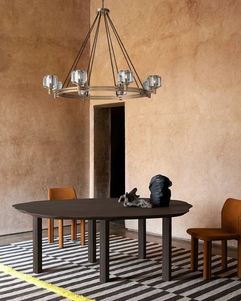 Mayfair Series Prismatic Chandelier | Round Dual-Metal Frame Hand-polished K9 cast crystal with dual-metal frame, Aged Brass and Black finish for Modern Dining Rooms and Entryways American chandelier