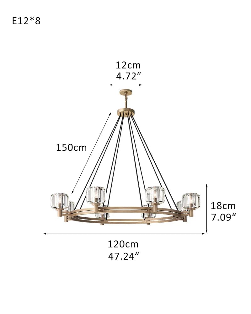 Mayfair Series Prismatic Chandelier | Round Dual-Metal Frame Hand-polished K9 cast crystal with dual-metal frame, Aged Brass and Black finish for Modern Dining Rooms and Entryways 8-light-D120*H18CM D47.24"*H7.09" Brass American chandelier