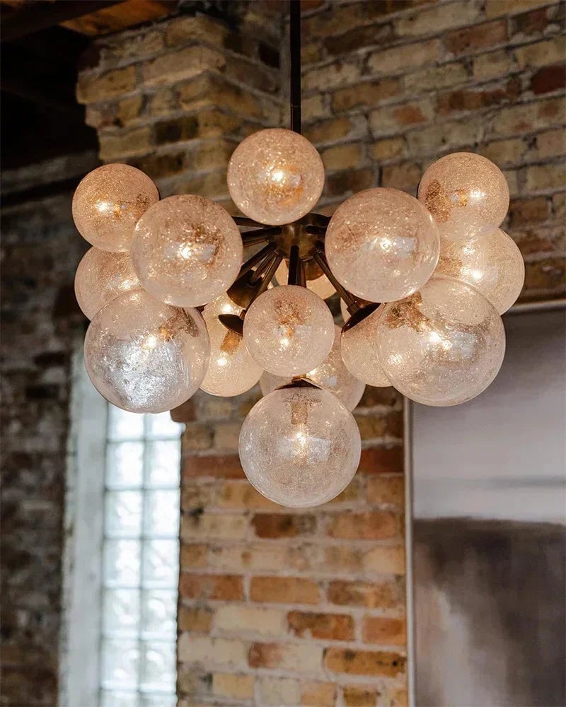 Megève Series Ethereal Chandelier | Linear Reactive hand-blown bubble glass with brushed steel, Brushed brass, black, or silver steel finish for Dining rooms, entryways, and open-concept living spaces American Vintage chandelier lamp