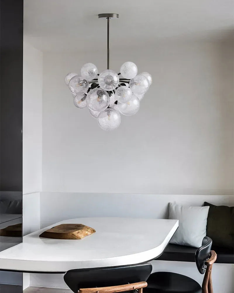 Megève Series Ethereal Chandelier | Linear Reactive hand-blown bubble glass with brushed steel, Brushed brass, black, or silver steel finish for Dining rooms, entryways, and open-concept living spaces American Vintage chandelier lamp