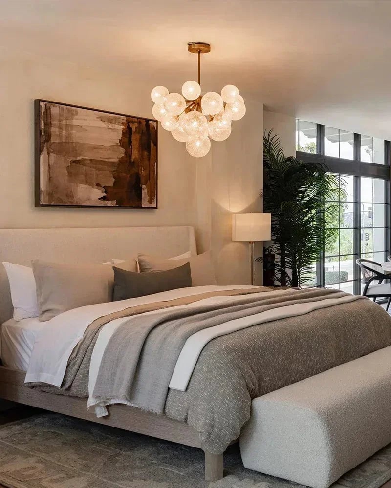 Megève Series Ethereal Chandelier | Linear Reactive hand-blown bubble glass with brushed steel, Brushed brass, black, or silver steel finish for Dining rooms, entryways, and open-concept living spaces American Vintage chandelier lamp