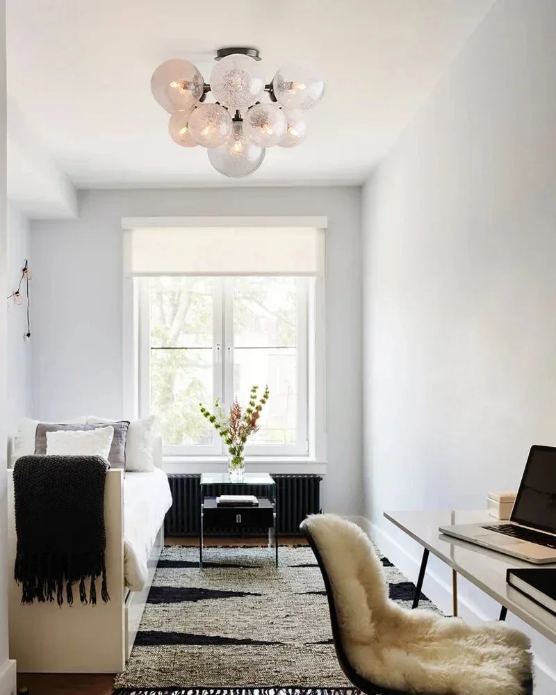 Megève Series Ethereal Chandelier | Linear Reactive hand-blown bubble glass with brushed steel, Brushed brass, black, or silver steel finish for Dining rooms, entryways, and open-concept living spaces American Vintage chandelier lamp