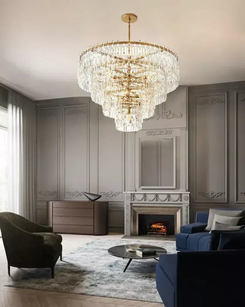 Montreux Series Cascading Chandelier | Four-Tier Round Hand-Set Prismatic Crystals & Interlocking Steel, Premium Gold or Matte Black for Grand Entryways, Dining Areas, and Living Rooms American chandelier