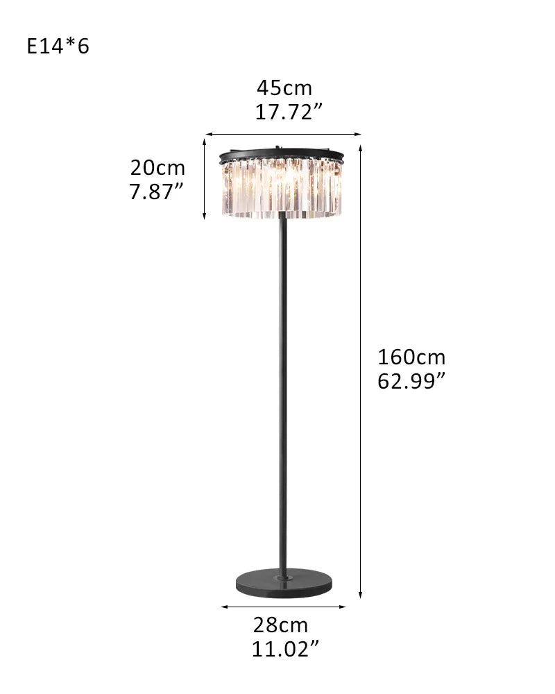6-Bulb Standing Lamp Rustic 1/3-Layer Crystal Block Floor Light in Black marble base for Living Room 2-Tier-D45*H160cm D17.72*H62.99" Black Base + Clear Crystal American standing floor lamp