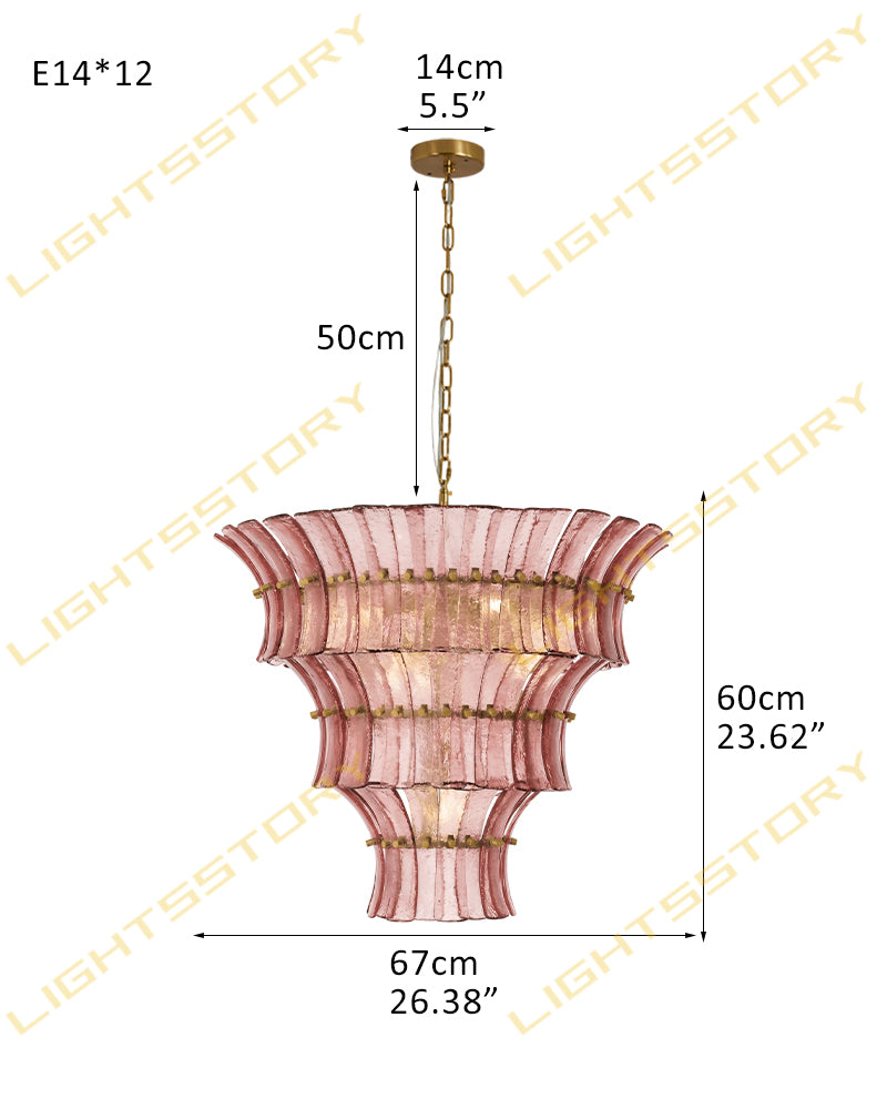 Ghiaccio Glass Blush Pink Prism Multi Tiered Waterfall Chandelier - Heritage Brass Trim - Living Room & Dining Room