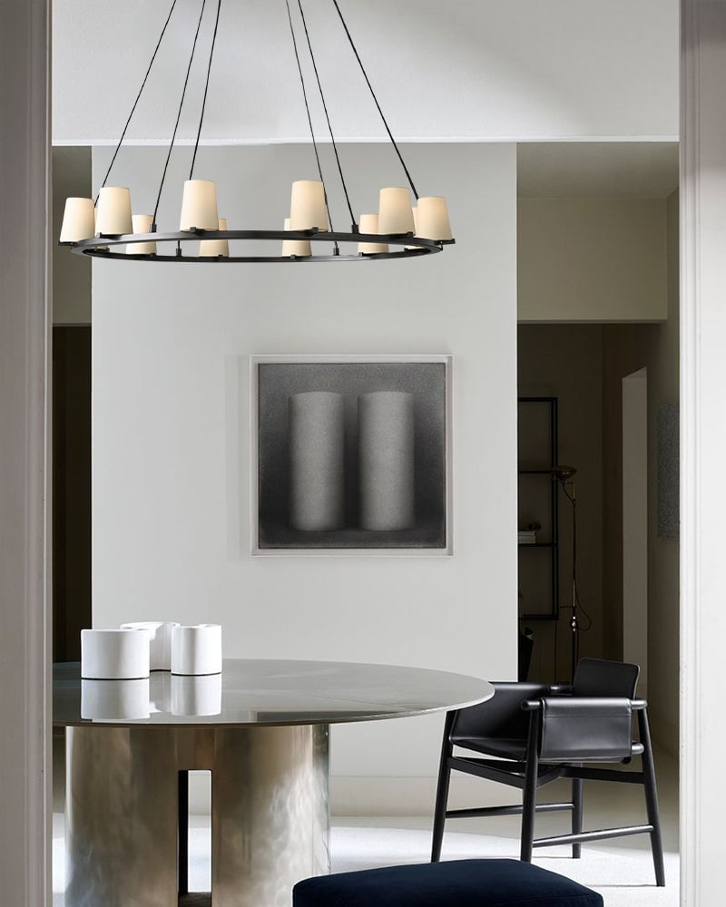 Ravello Series Geometric Chandelier | Open Circular Classic brass structure with modern beige fabric shades, Lacquered Burnished Brass and Black for Dining rooms, kitchens, and entryways American chandelier
