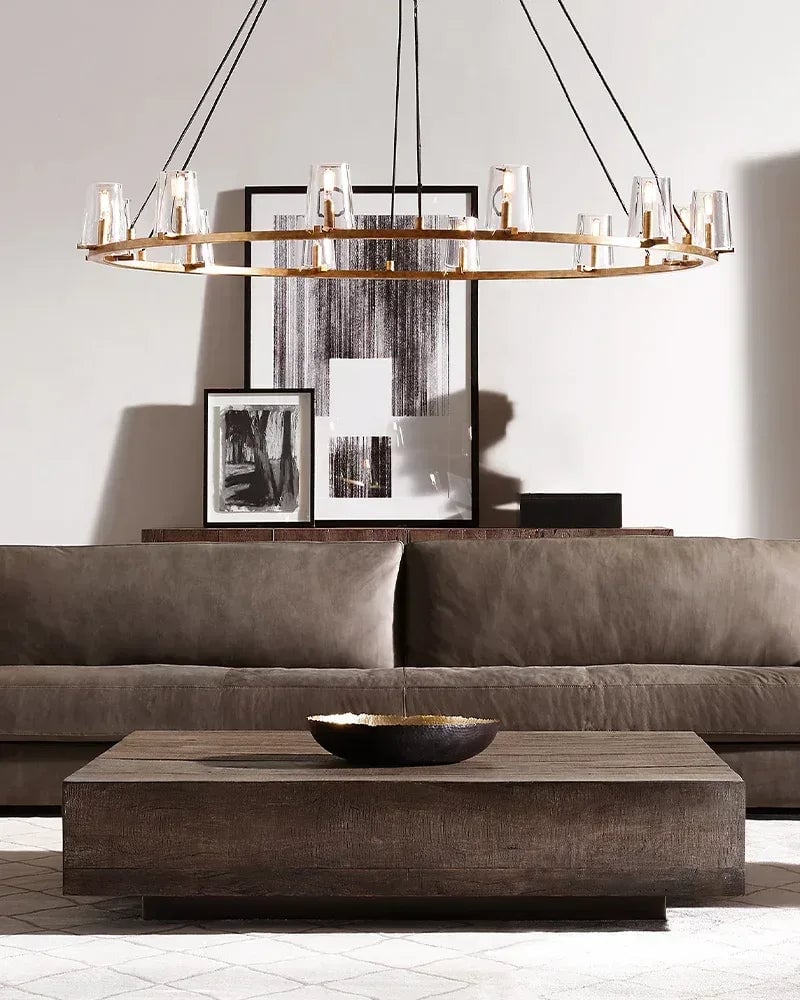 Ravello Series Geometric Chandelier | Open Circular Classic brass structure with clear glass shades, Modern Black and Brass finish for Dining Rooms, Kitchens, and Entryways American chandelier