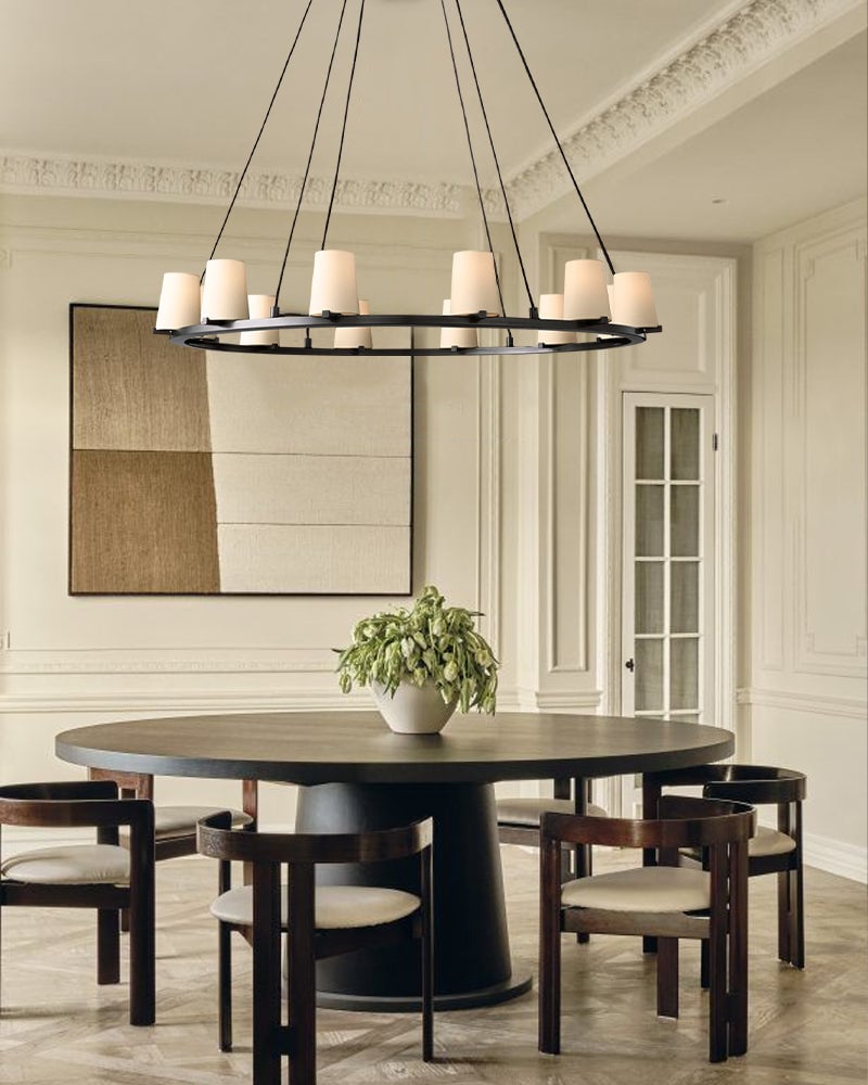 Ravello Series Geometric Chandelier | Open Circular Classic brass structure with modern beige fabric shades, Lacquered Burnished Brass and Black for Dining rooms, kitchens, and entryways American chandelier