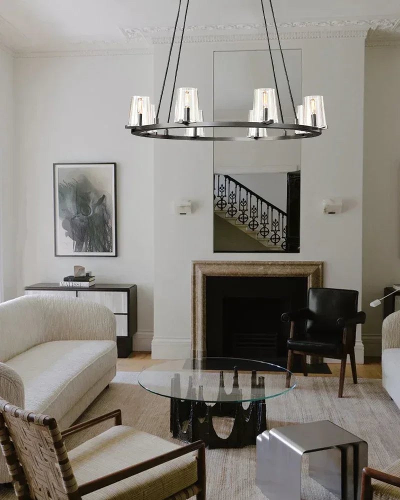 Ravello Series Geometric Chandelier | Open Circular Classic brass structure with modern clear glass shades, Lacquered Brass and Black framework for Dining rooms, kitchens, and entryways American chandelier