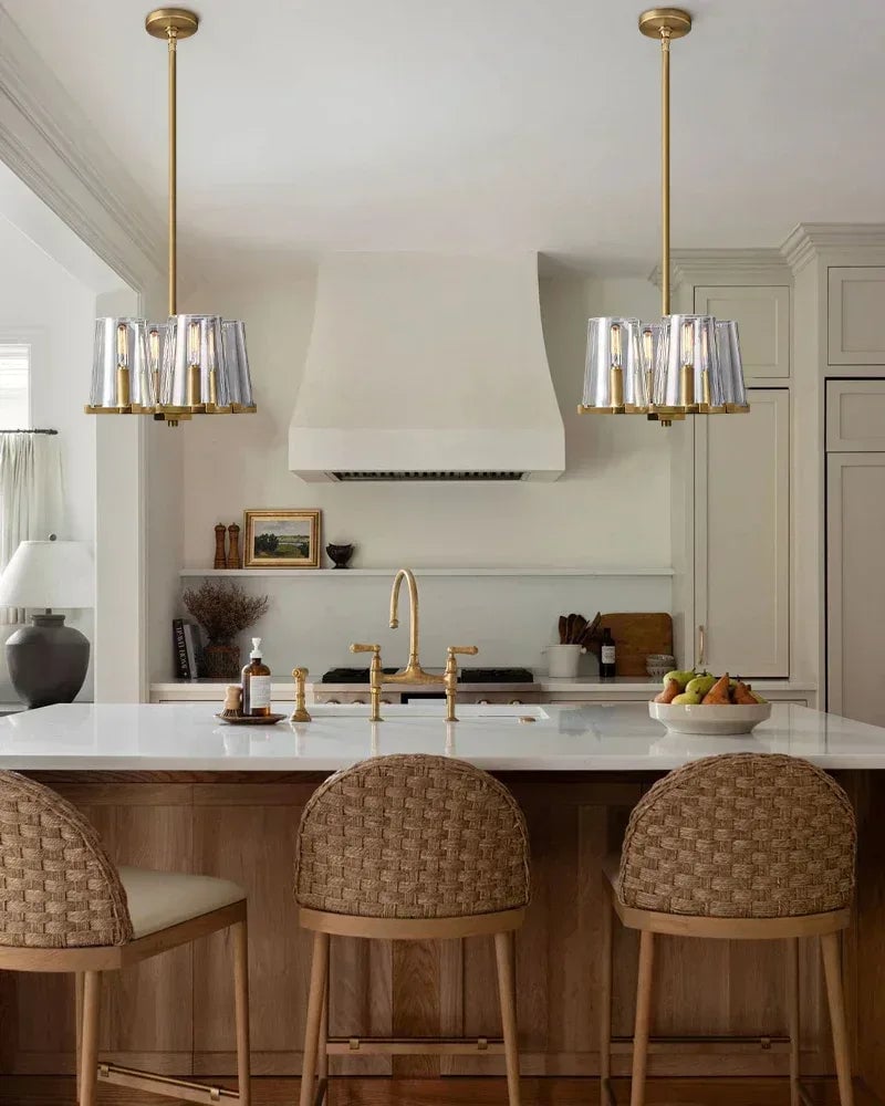 Ravello Series Geometric Pendant Light | Round Classic brass structure with clear glass shades, Polished Brass finish for Kitchens, dining rooms, and entryways American chandelier