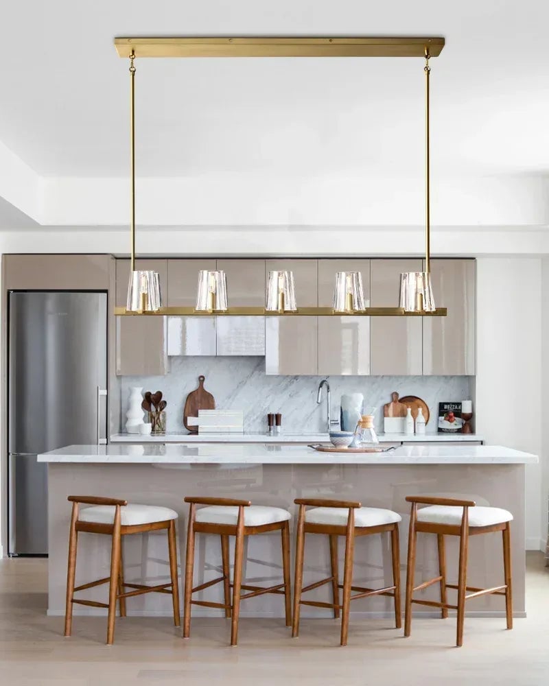 Ravello Series Geometric Pendant Light | Round Classic brass structure with clear glass shades, Polished Brass finish for Kitchens, dining rooms, and entryways American chandelier