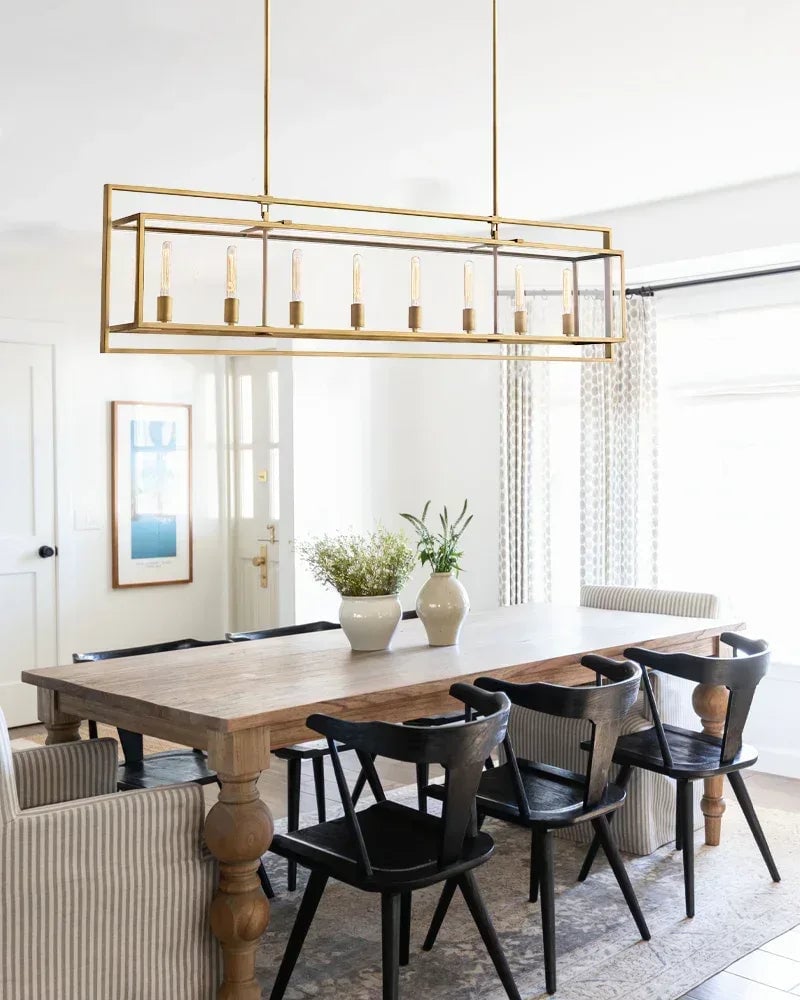 Rockport Series Geometric Chandelier | Geometric Lantern Tempered glass and sleek metal frame, Brushed brass and black steel for Grand entryways and dining rooms American Vintage chandelier lamp