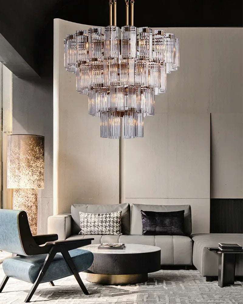 Saint-Cirq Series Geometric Chandelier | 5-Tier Round Hand-Arranged Reeded Smoky Glass and Steel, Premium Brass for Grand Entryways and Dining Rooms American chandelier