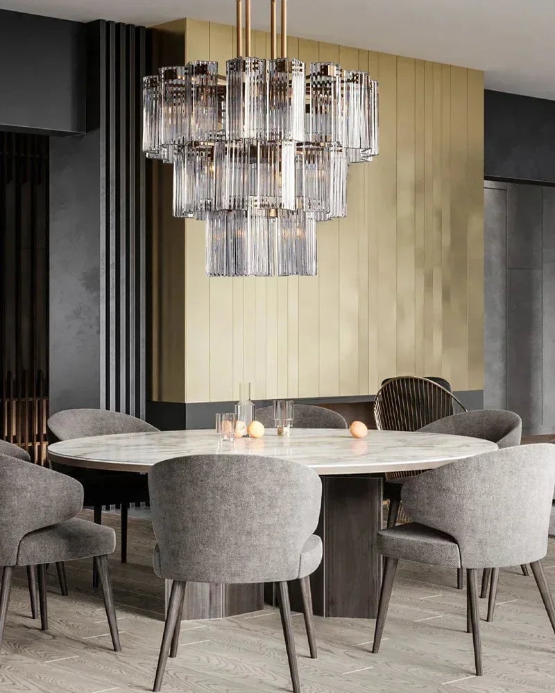 Saint-Cirq Series Geometric Chandelier | Large Round Geometric Hand-Arranged Reeded Glass and Steel, Brass and Black for Grand Entryways and Dining Rooms American chandelier