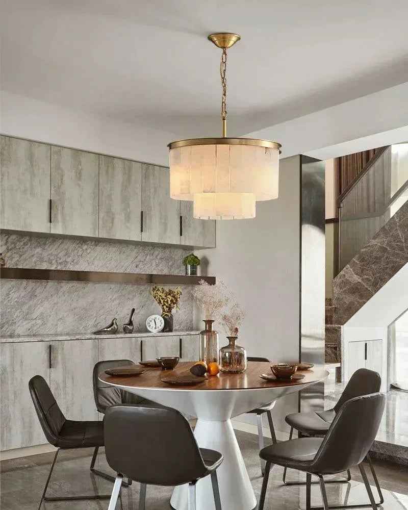 Stowe Series Geometric Chandelier | Double Tier Rectangular Solid copper frame with natural marble shade, Premium Brass Gold finish for Dining Rooms, Living Rooms, and Bedrooms